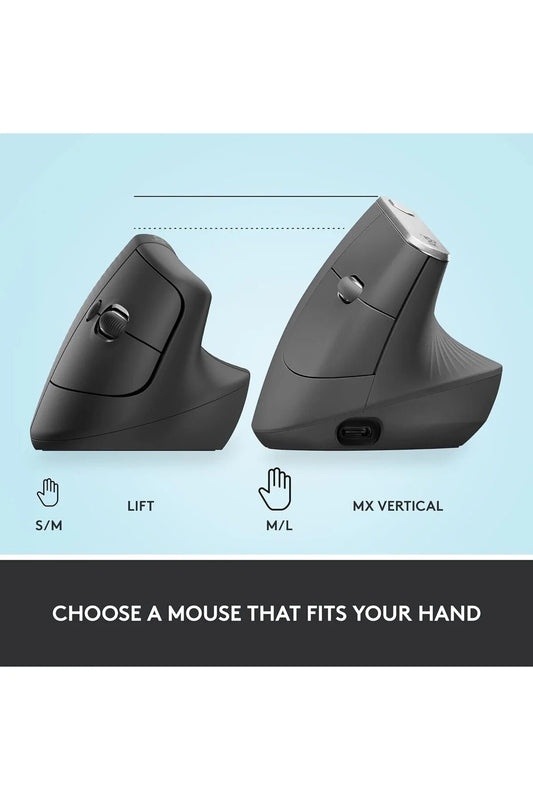 Lift Vertical Ergonomic Mouse, Wireless, Bluetooth or Logi Bolt USB receiver, Quiet clicks,