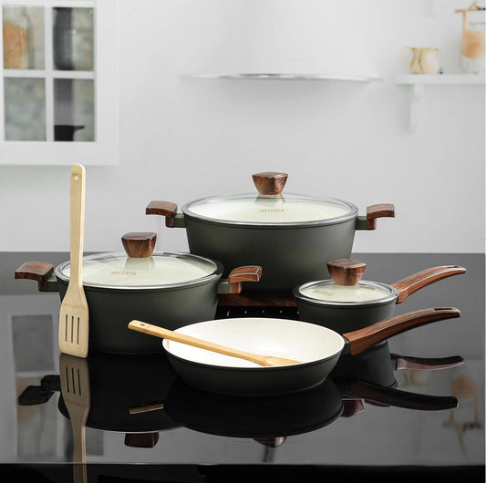 Delcasa 9 Piece Non-Stick Ceramic Coated Cookware Set DC3435 Diecast Aluminum Body with 5-Layer Coating, CD Bottom, Bakelite Handles and Glass Lid