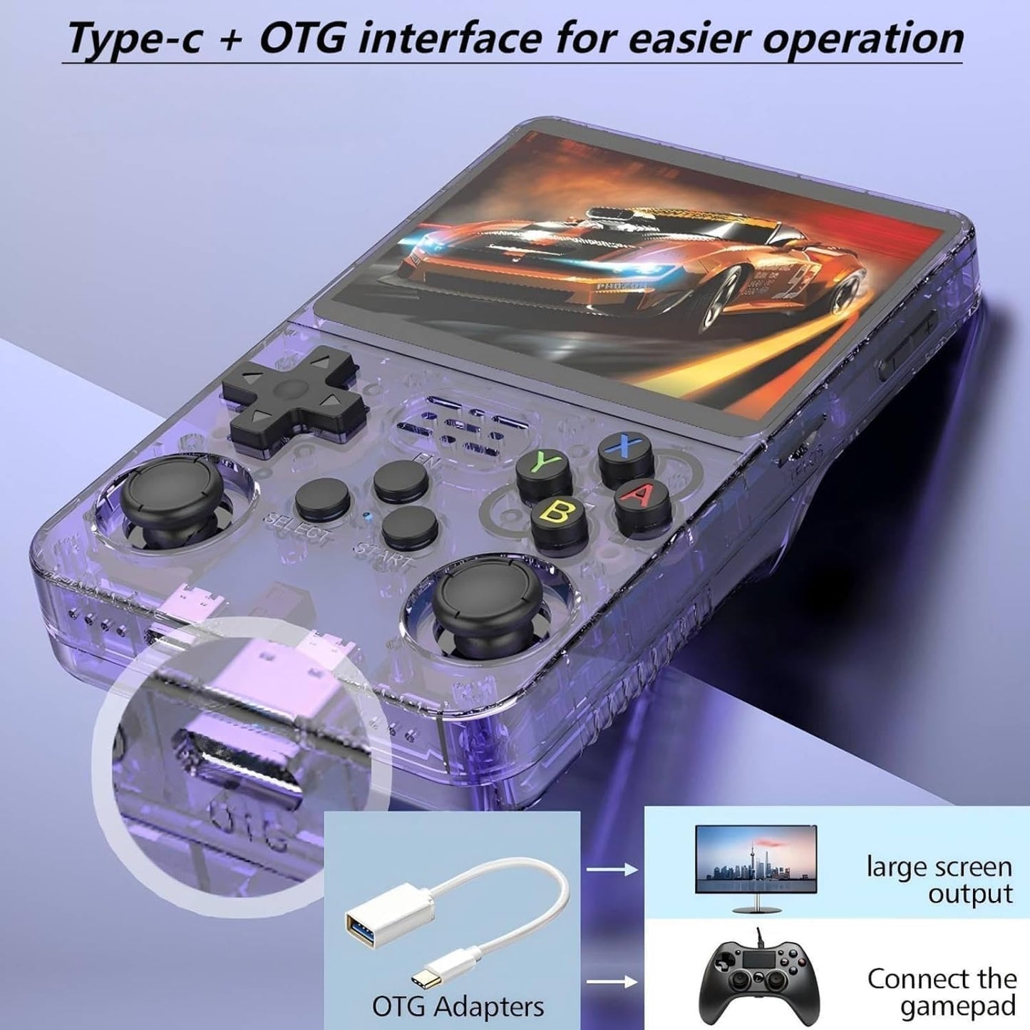 R36s retro Handheld Gaming Console with 64G Cards, Portable Retro Game Consoles Linux Gaming System Emulator 3.5-Inch IPS Screen (Purple-A)